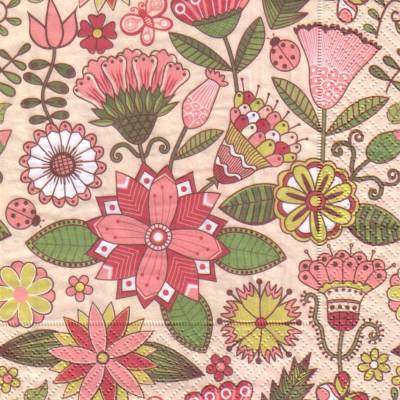Eine Lunchserviette Phantasiegarten, mit Blumen und Blüten im Folklore-Stil, in rosa- und roten Farbtönen