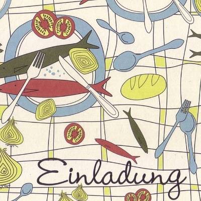 Retroliebe * 10 Postkarten 'Einladung' mit gedecktem Tisch, Eßutensilien, Teller, Gläser, Fisch und Gemüse
