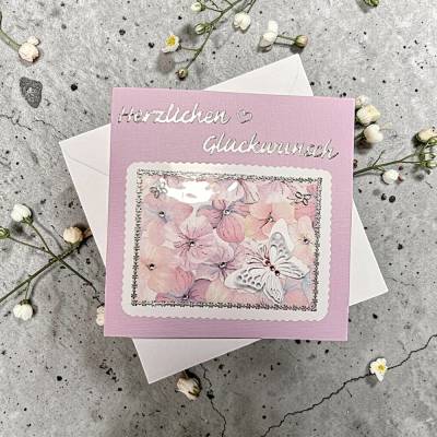 Handgefertigte Glückwunschkarte 3D Blumenstrauß – Klappkarte mit Schmetterling & Umschlag – Herzlichen Glückwunsch