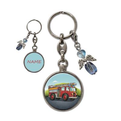 Metall Schlüsselanhänger mit Name und Feuerwehr Motiv | abnehmbarer Schutzengel in 3 Farben zur Auswahl
