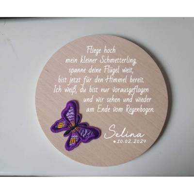 Erinnerung an ein Sternenkind, Geschenk für Sterneneltern, Holzscheibe mit Text und Schmetterling, Gedenkstück