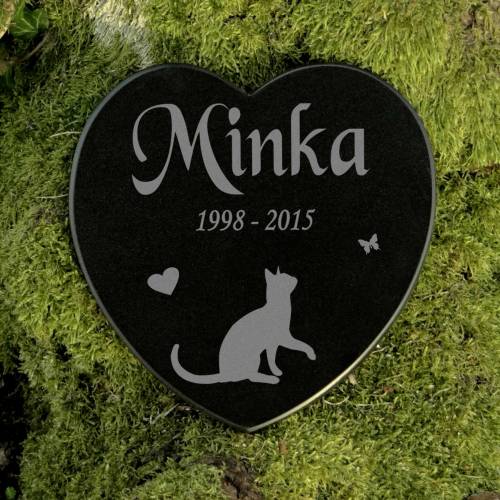 Gedenkstein Katze Gravur Herz Grabschmuck Marmor - edle Grabdekoration