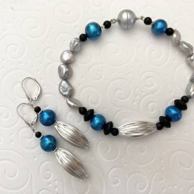 Schmuckset Armband & Ohrhänger: Keshiperlen, Zuchtperlen, Onyx & Tombak, handgefertigt, Geschenkidee