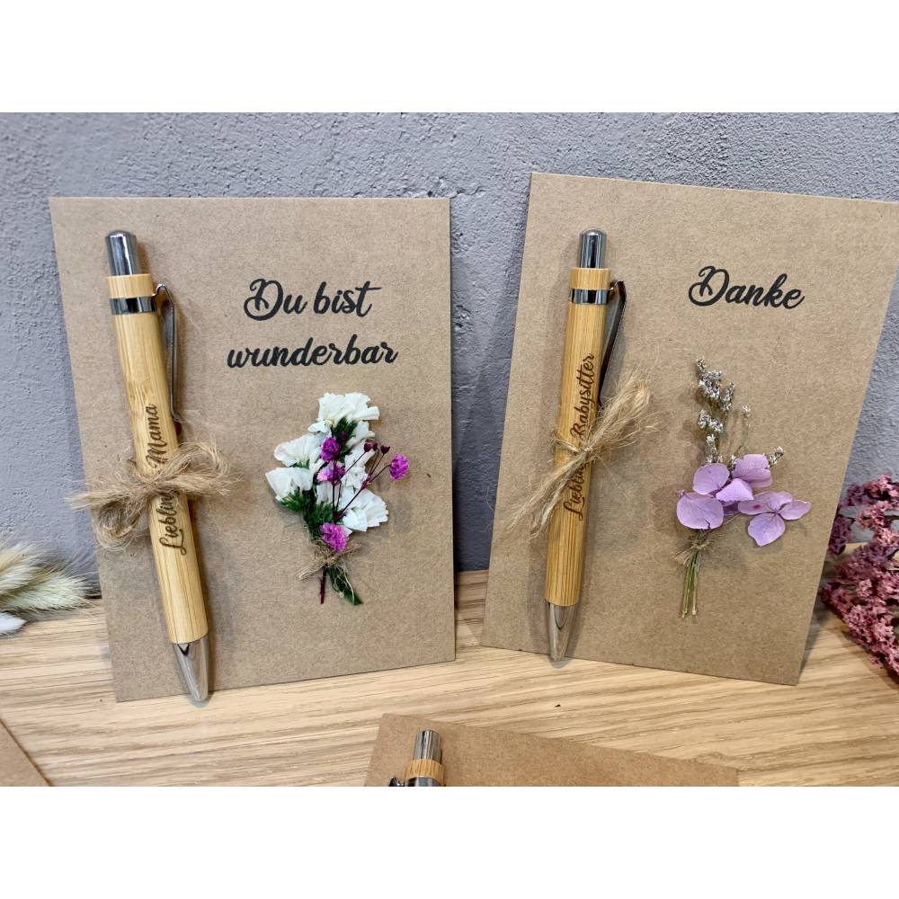 Grußkarte mit Kuli & Trockenblumen inkl. Gravur & Wunschtext Bild 1