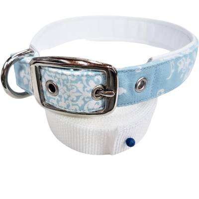 Hundehalsband Vintage Deluxe Länge 45-51 cm verstellbar mit Dornschnalle Halsband hellblau weiß Lederpolsterung