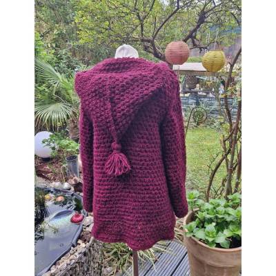 Strickmantel aus Islandwolle im Mustermix und Kapuze***L***weinrot
