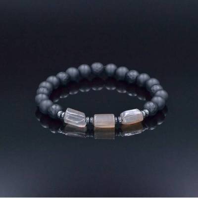Herren Armband aus Edelsteinen Sonnenstein Onyx und Hämatit, Elastisches Armband, 8 mm