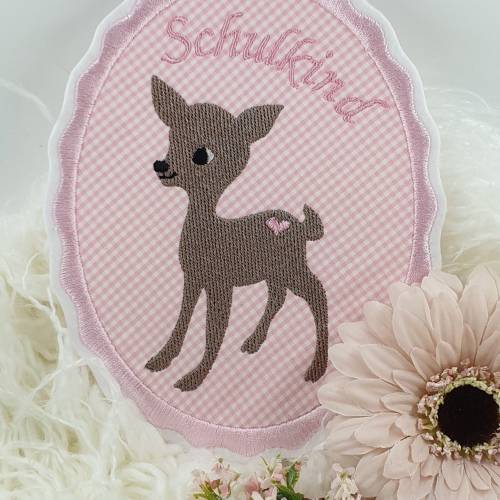 Aufnäher Rehkitz Button Schulkind Applikation rosa bügelbild reh rehlein  kinder  schultüte zuckertüte nähen mädchen sch