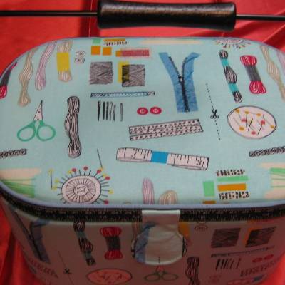 Nähkasten, Nähkorb in  Leinenoptik mit Nähzubehör Motiv  türkis/bunt XL ( 1 Stück/49,95 €)