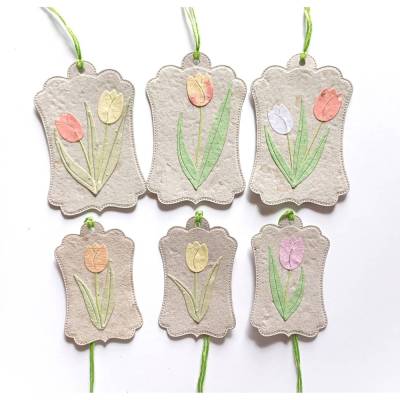 6-teiliges Set handgeschöpftes Papier Geschenkanhänger – recycelt & upgecycelt mit Tulpen-Motiv