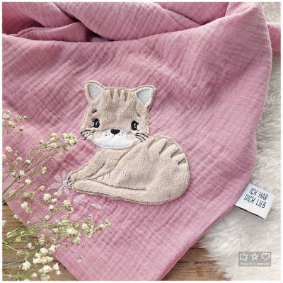Musselinhalstuch altrose mit Doodlestickerei Katze und Blüte