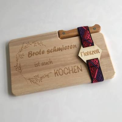 Vesperbrett "Brote schmieren" mit Messer, Frühstücksbrett mit personalisierbarem Gummi, Schneidebrett, Brotzei