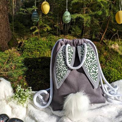 Beutel Grau Leo Turnbeutel Rucksack Kinder Geschenk Ostern Wechselkleidung Sportbeutel Tasche Ohren Bommel Hase