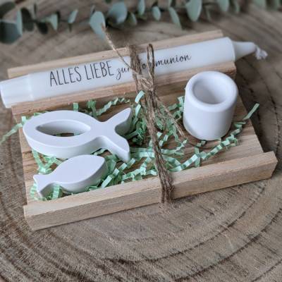 Geschenkset Kommunion, Kommunionkerze, Geschenk, Kerze mit Kerzenständer, Kerze und Fische/Schiffchen, Raysin