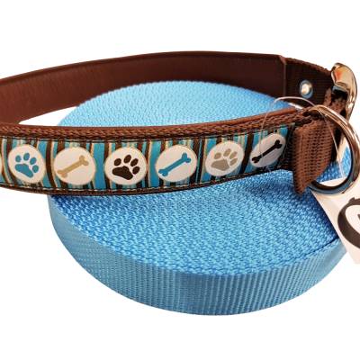 Hundehalsband Pfötchen Länge 48-53 cm verstellbar  Halsband braun türkis mit Dornschnalle Lederpolsterung