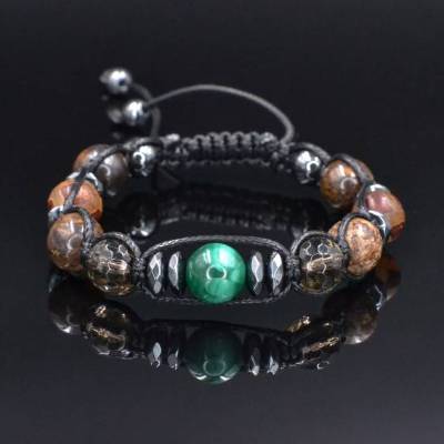 Herren Armband aus Edelsteinen Rauchquarz Bronzit Cubic Zirkonia mit Knotenverschluss, Makramee Armband, 10 mm