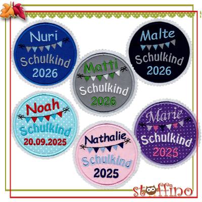 Personalisierte gestickte Applikation Schulkind 2026 mit Wunschname – Wimpelkette für Schultüte & Ge