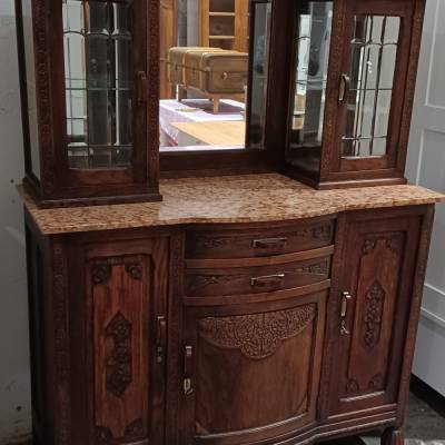 Französischer Buffet Aufsatzschrank um 1915 aus Paris – Antiker Eiche Schrank mit Marmorplatte