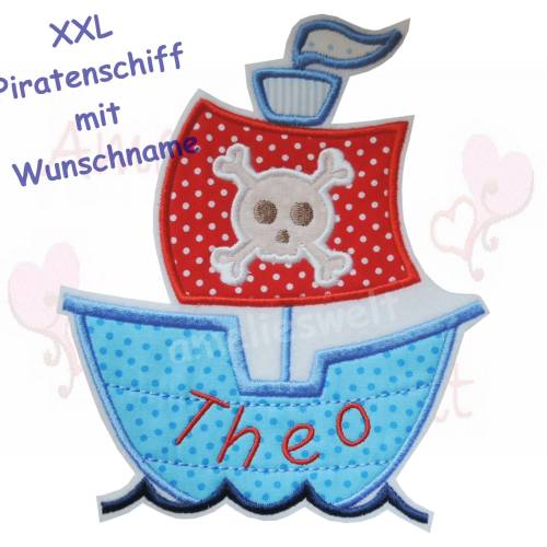 Piratenschiff, schiff, ca. 17,5 cm x 14,5 cm, mit Name, aufnäher, applikation, bügelbild,