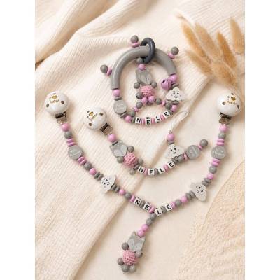 Schnullerketten-Set Fuchs – Personalisiertes 3-teiliges Set – Schnullerkette, Kinderwagenkette & Greifling im Boho-Stil