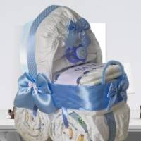 Windeltorte Kinderwagen Junge blau mit Schnuller personalisiert