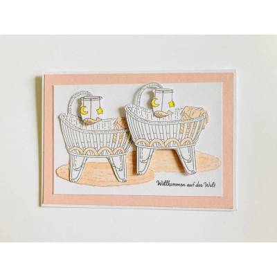 Zwillinge Glückwunschkarte Geburt Taufe Babyparty Karte Mädchen Babywiege Handarbeit A6