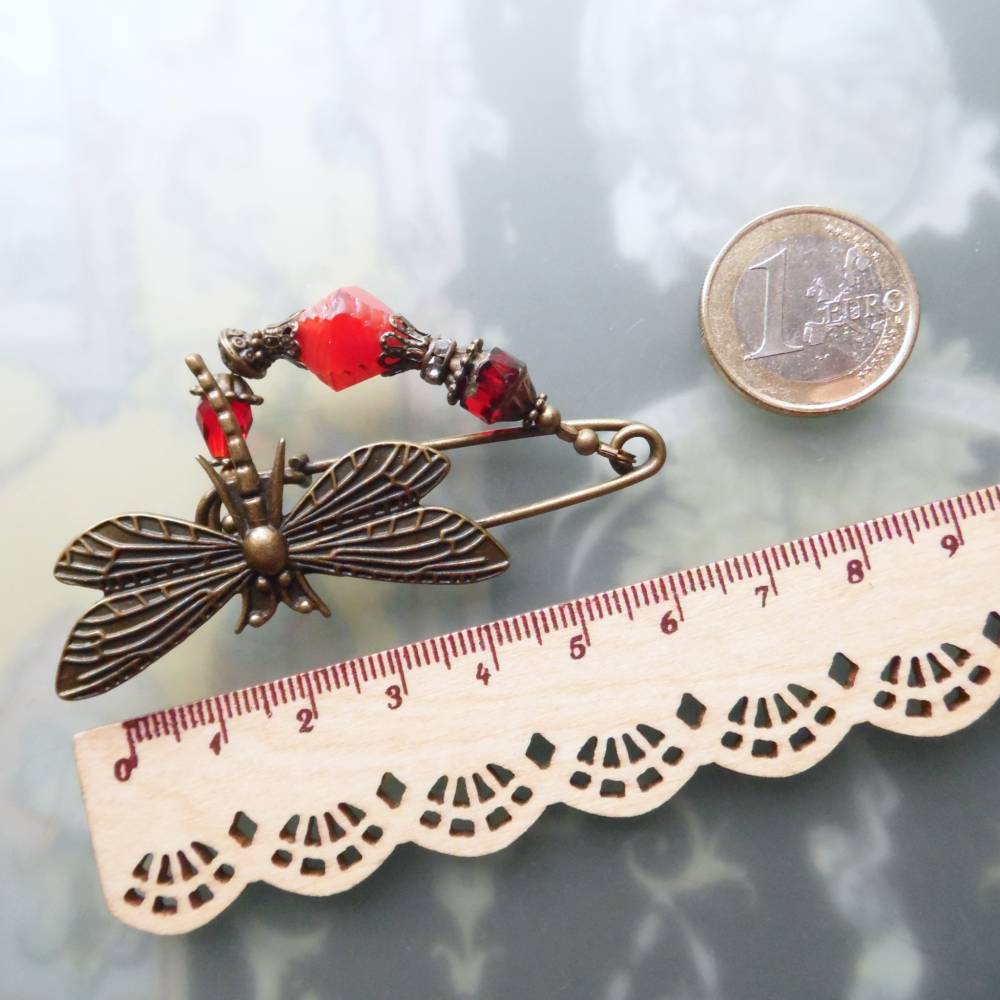 Anstecknadel Libelle Feuerfarben im Jugendstil  Tuchnadel mit Perlen in Rottönen N-7-AB-42 Bild 4