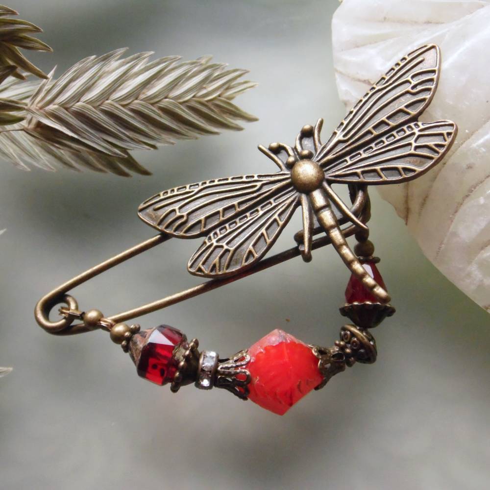 Anstecknadel Libelle Feuerfarben im Jugendstil  Tuchnadel mit Perlen in Rottönen N-7-AB-42 Bild 8
