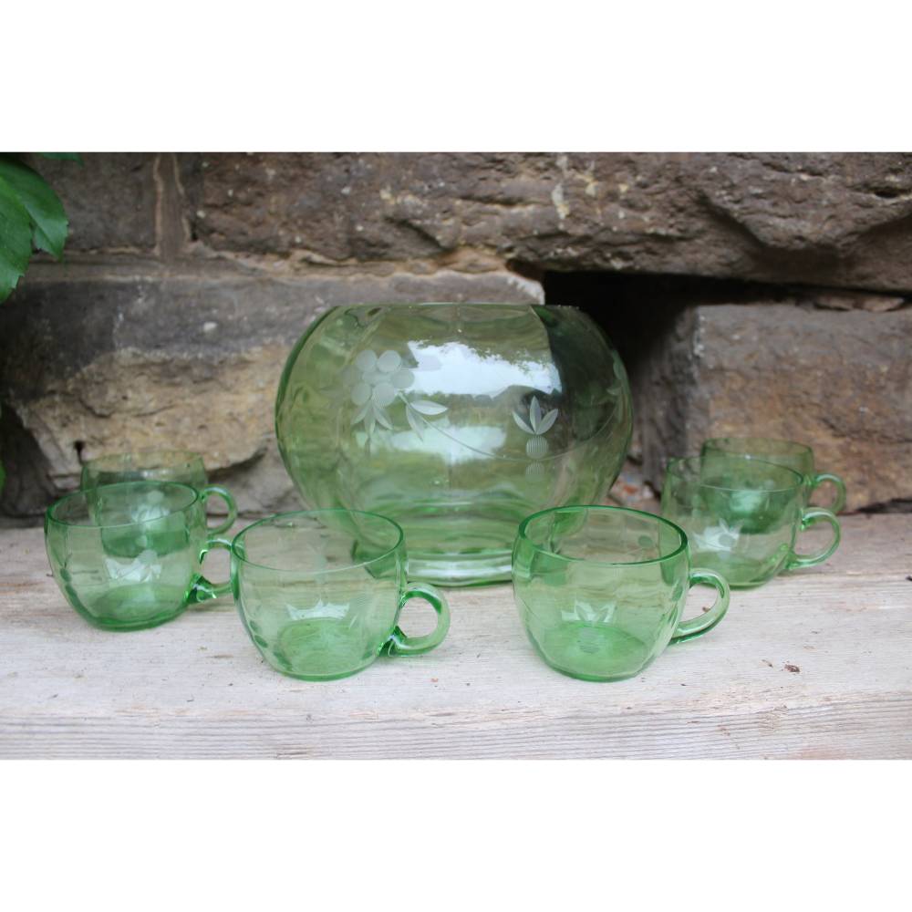 7 tlg. Uranglas Punsch Set antik Schüssel Gläser Bowleset 20er 30er Jahre Art Deco