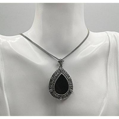 925 Silber Tropfen Anhänger mit Onyx und Markasiten mit Kette