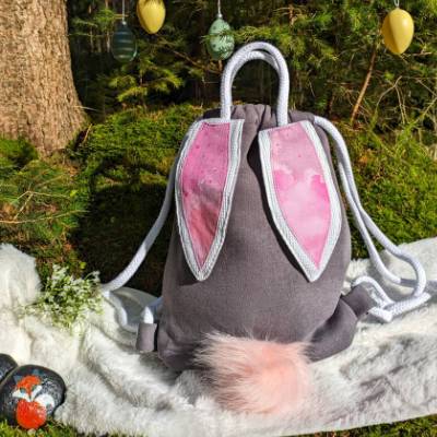 Beutel Grau Rosa Turnbeutel Rucksack Kinder Geschenk Ostern Wechselkleidung Sportbeutel Tasche Ohren Bommel Hase