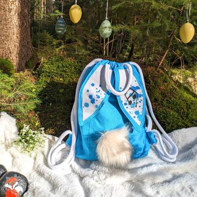 Beutel Blau Turnbeutel Rucksack Kinder Geschenk Ostern Wechselkleidung Sportbeutel Tasche Ohren Bommel Hase