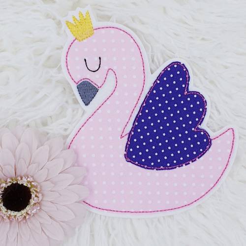 Aufnäher großer Schwan 12cm x 14,5cm Applikation bügelbild lila rosa gepunktet zum aufbügeln
