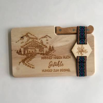 Vesperbrett "Männer" mit Messer, Frühstücksbrett mit personalisierbarem Gummi, Schneidebret