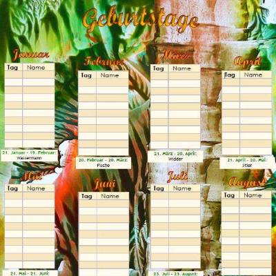 Geburtstage auf einen Blick mit Sternzeichen - Bambus 1 -  PDF – DIN A4 zum Ausdrucken