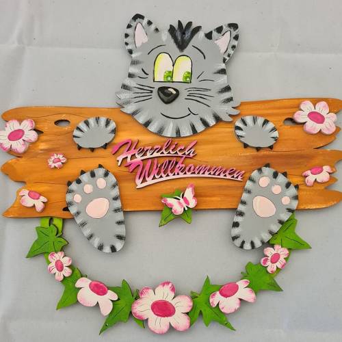 Türkranz Willkommen Holz bemalt natur Hase, Frosch, Katze und mehr