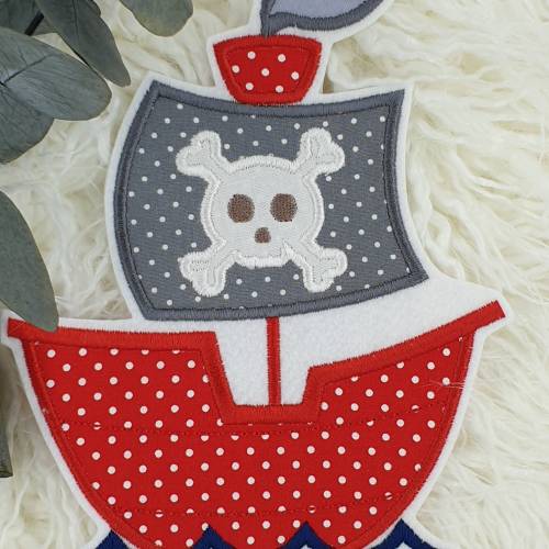 Aufnäher Piratenschiff XL – Applikation Bügelbild für Jungen Schultüte, Einschulung, Kinder, ca. 15,5 cm x 13,5 cm