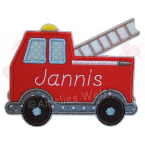 großes Feuerwehrauto  mit Name Aufnäher applikation bügelbild feuerwehr ca. 13 cm x 10,5 cm
