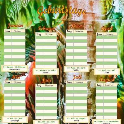 Geburtstage auf einen Blick mit Sternzeichen – Bambus 2 - PDF – DIN A4 zum Ausdrucken