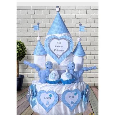Windeltorte Windelschloss blau Jungen  Zwillinge personalisiert mit Namen