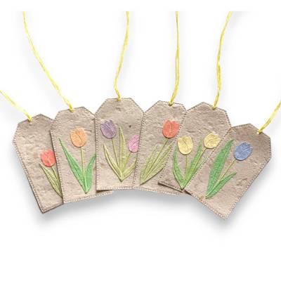6-teiliges Set handgeschöpftes Papier Geschenkanhänger Tulpen Upcycling Altpapier nachhaltig