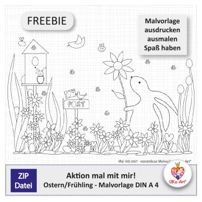 kostenlose Malvorlage Ostern, Aktion "Mal mit mir!" von UKo-Art, Hase Blumen Vögel Frühling