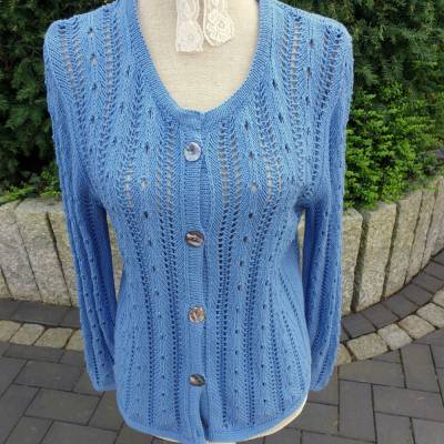 Strickjacke Damen Baumwolle Handarbeit Größe 38 Rauchblau mit Lochmuster