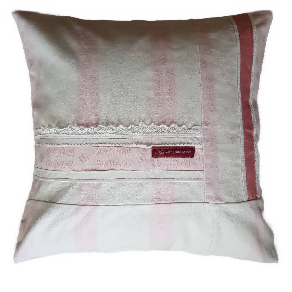 Vintage Kissenbezug 40x40 cm Patchwork Rosa Upcycling Unikat mit Spitze