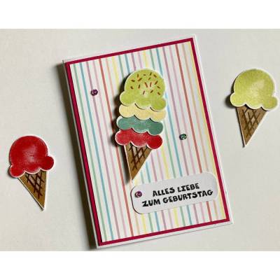 Bunte Geburtstagskarte mit Eis im Hörnchen, Grußkarte,Geburtstag Glückwunschkarte