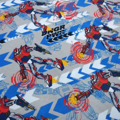 Stoff Baumwolle Jersey Power Rob Roboter Superhelden grau blau rot gelb bunt Kinderstoff Kleiderstoff