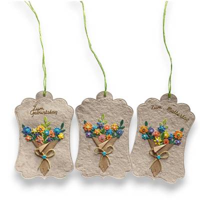 Handgeschöpftes Papier Geschenkanhänger Blumenstrauß – Unikat zum Geburtstag, Muttertag oder Blanko