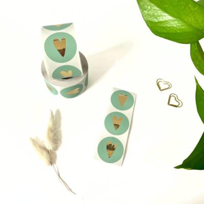 Aufkleber MINT rund mit goldenem Herz Sticker Geschenkaufkleber Goldeffekt mintfarbene Herzstickers Glanz Dekoetiketten