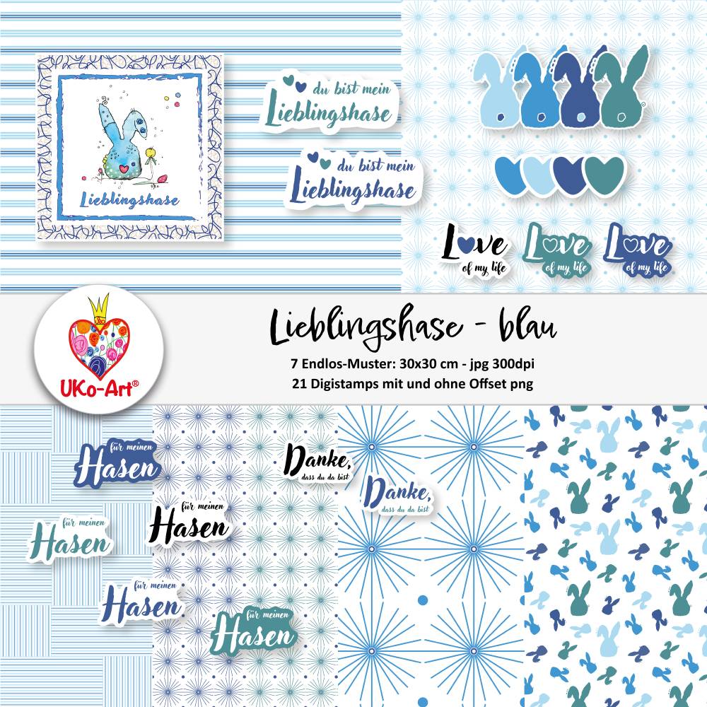 Ostern Digi-Set "Lieblingshase - Blau", Digipapier Digistamp Bastelpapier Scrapbook Endlosmuster Bild 1