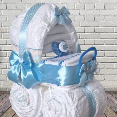 Windeltorte Kinderwagen blau Jungen personalisiert mit Namen Schnuller